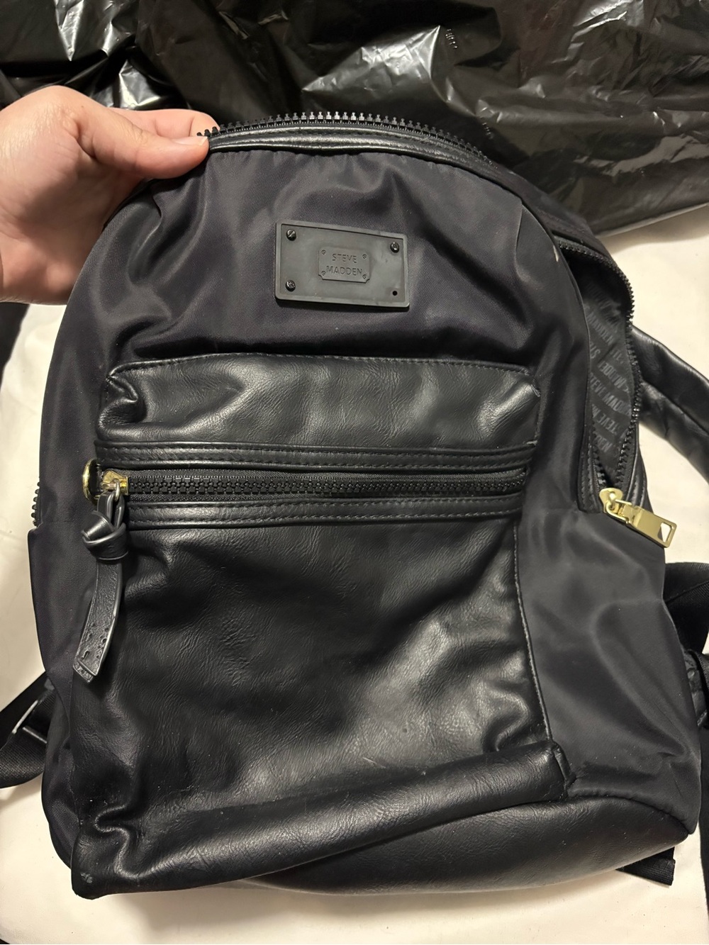 Steve Madden Black Nylon & Faux Leather Backpack with Gold Hardware